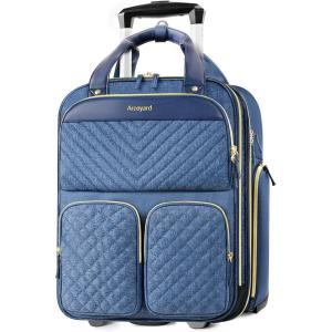 imageUnder seat Carry On Luggage with Wheels Multiple Compartments Airline Approved Personal Item Bag Travel CarryOn with Leather Handle Lightweight Rolling Suitcase for Women Beige BrownBlue