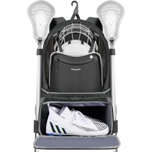 imageExtra Large Lacrosse Backpack with 2 Stick Holders Professional Lacrosse Bag for Youth with Ventilated Cleats Compartment and Insulated Pocket for All Field Hockey GearBlack