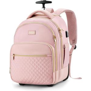 imageRolling Backpack for Women with Wheels roller Laptop Travel Backpack Lightweight Water Resistant Wheeled Underseat Carry On Luggage for Work and College Black PurplePink